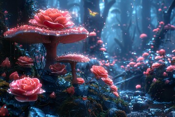 Magical fantasy mushrooms in enchanted fairy tale dreamy elf forest with fabulous fairytale blooming pink - obrazy, fototapety, plakaty