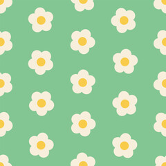 White and yellow flowers on green background. Vector seamless pattern in soft retro pastel colors.