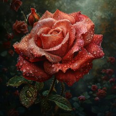 A photo of a red rose with water drops on the petals.