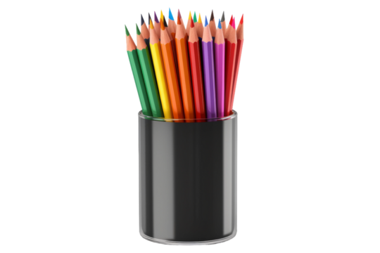 The Colorful Convergence: A Black Cup Overflowing With Vibrant Creativity. On a White or Clear Surface PNG Transparent Background.