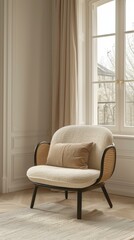 b'Elegant and modern cream fabric armchair with a stylish brown cushion'