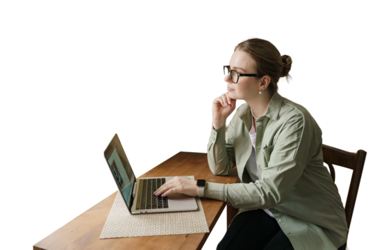 Woman uses laptop desktop to work at home, cut out background
