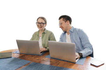 A woman and a man are a couple working at a workplace using laptops, a cut-out background