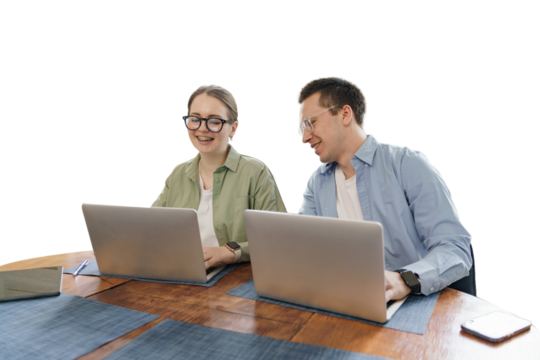 A woman and a man are a couple working at a workplace using laptops, a cut-out background