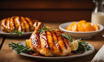 Delicious grilled chicken breast served on a white plate. Delicious food. - obrazy, fototapety, plakaty