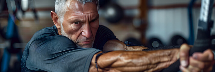 Energized Mature Man in His Element: A Gruelling Resistance Training Session