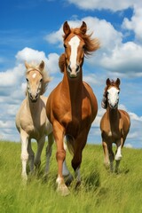 b'Three horses running in a field'