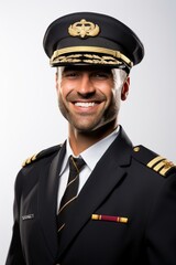 b'Handsome pilot in uniform smiling'
