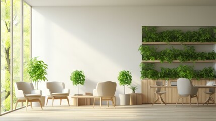 b'Modern office interior with green plants and large windows'