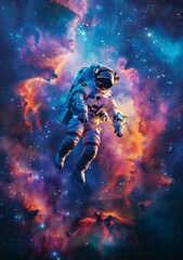 b'Astronaut in Colorful Nebula'