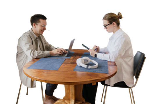 A couple of people working together using laptops workplace, cut out
