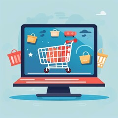 b'Online shopping illustration with a shopping cart and various items'