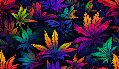 A seamless pattern of rainbow cannabis leaves on a black background.