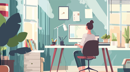 Home office woman working from home. Landing page