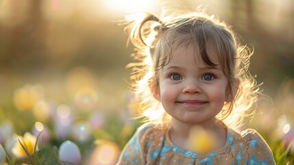Fototapeta premium b'Portrait of a smiling blonde toddler girl sitting in a field of flowers'