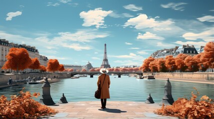 b'A person standing on a bridge in Paris, looking at the Eiffel Tower'