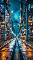 b'A photo of an oil refinery at night'