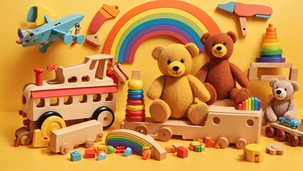 A wooden toy train set with a rainbow and clouds in the background. There are four train cars, three bears, and many blocks of various shapes and colors.

