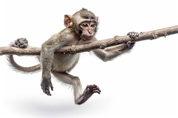A monkey swinging from a branch, isolated on a white background