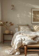 b'Airy and inviting neutral bedroom with natural textures'