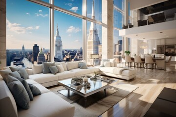 b'Modern luxury apartment living room with city view'