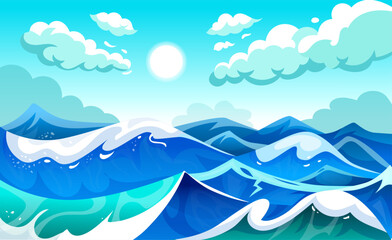 Sea waves. Ocean landscape. Water ripple surface. Sun and clouds in day sky. Marine pattern. Cartoon seascape. Blue texture. Aqua splash. Summer nature. Depth color. Vector tidy seaside background