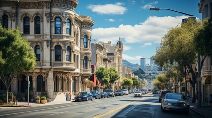 b'A wide tree lined street with old buildings in the background'