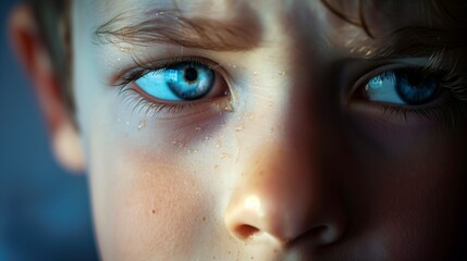 Tearful close-up of a boy's face, his eyes filled with sorrow and pain.