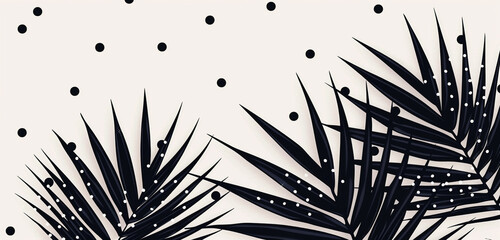 Obraz premium Tropical monochrome: black palm leaves and polka dots on a white vector backdrop.