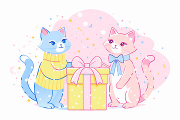 Whimsical Illustrated Cats with Birthday Gift Celebration