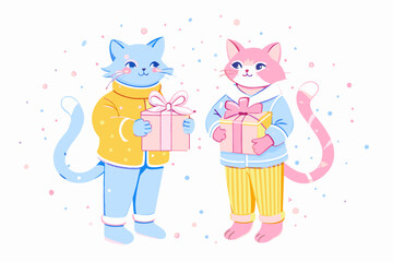 Adorable Cartoon Cat Characters Exchanging Gifts Illustration