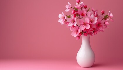 Pink cherry blossoms in white vase on pastel background with copy space for text placement
