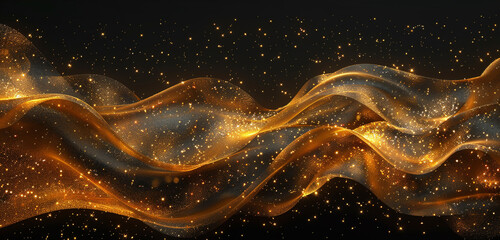 Glamorous abstract featuring molten gold waves and stars on a black canvas.
