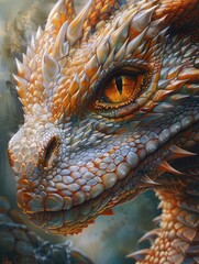 A highly detailed painting of a golden dragon's face