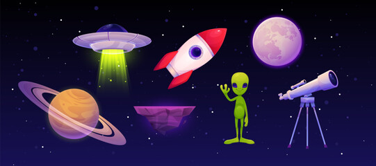 Space rocket game. UFO, cute alien, telescope and asteroid. Cartoon cosmos isolated elements, icon kit, missile mobile childish collection. Funny graphic planet spaceship in universe. Vector set