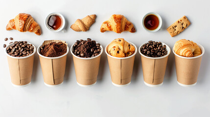 Set of paper cups with coffee beans tea bag croissants