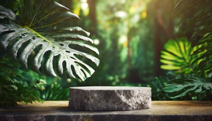 stone podium table top floor on outdoors blur monstera tropical forest plant nature background