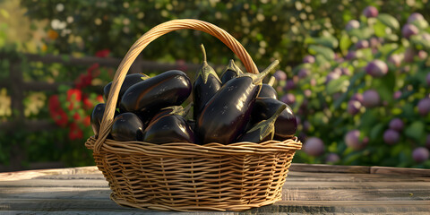 A basket of eggplant is shown in a garden, 
basket of mushrooms in a basket