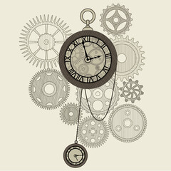 Clock gear. Clockwork mechanism. Vintage watch. Antique Cogwheels. Time concept. Retro metal chronometer dial. Circle old pendulum timepiece. Industry engineering machinery. Vector business background