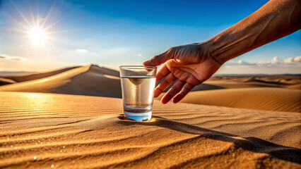A man's hand reaches for a glass of water in the desert - obrazy, fototapety, plakaty
