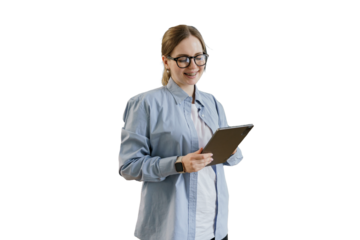Woman with glasses freelancer online education uses tablet, cut out background