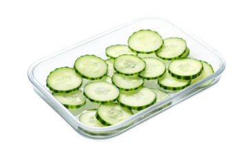 Sliced Elegance: Cucumbers in a Crystal Dish. On a White or Clear Surface PNG Transparent Background.
