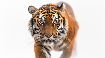 A tiger prowling, isolated on a white background