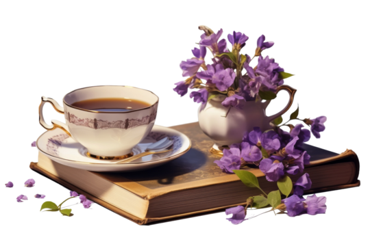A Serene Moment: Coffee and Words. On a White or Clear Surface PNG Transparent Background.