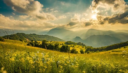 idyllic mountain panoramic landscape fresh green meadows and blooming wildflowers sun ray beautiful nature countryside view rural sunny outdoor natural bright banner nature spring summer panorama