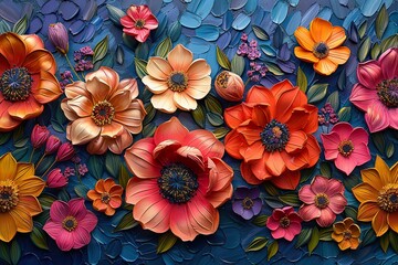 the textured layers and vibrant colors of a heavy impasto painting art piece featuring intricate flower relief sculptures