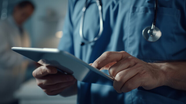 Man, doctor and hands online on tablet for test results or check hospital schedule and patient information. Male neurologist, digital tech and review healthcare apps or records and prescriptions.