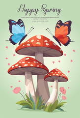 Obraz premium Happy spring poster template with low poly two butterflies and mushrooms geometric polygonal style vector illustration