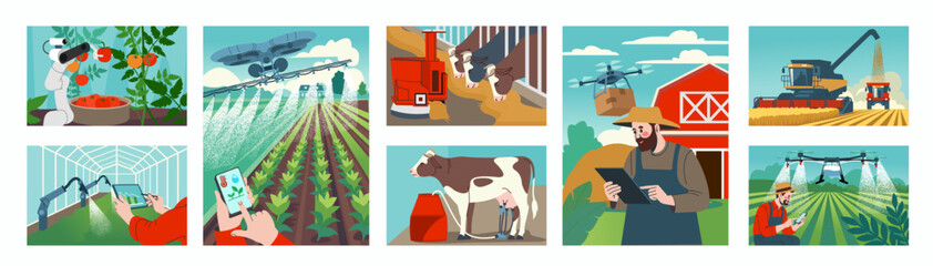 Agriculture farm. Rural land. Harvester at wheat field. Vegetables growing in greenhouse. Farmer work. Cow milking. Agro-drone. Countryside landscape. Agricultural innovation. Vector illustrations set © Natalia