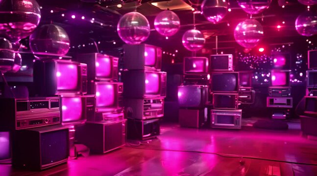  video featuring a stack of vintage 1980s CRT TVs and disco balls on the dance floor at Studio 54, capturing the retro atmosphere and nostalgia of the disco era.